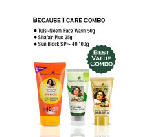 Combo Because I Care — Protezione Solare SPF-40 + Detergente Viso Tulsi Neem + Shafair Plus, 100 grammi + 50 grammi + 25 grammi