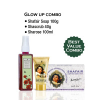 Kit Glow Up Combo — Sapone Shafair Plus + Tonico Viso Sharose Premium arricchito con Datteri + Scrub Viso & Corpo Shascrub Plus alla Noce, 100 grammi + 100 ml + 40 grammi